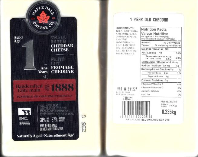 Maple Dale Cheese Co. brand 1 year old Cheddar recalled due to Listeria